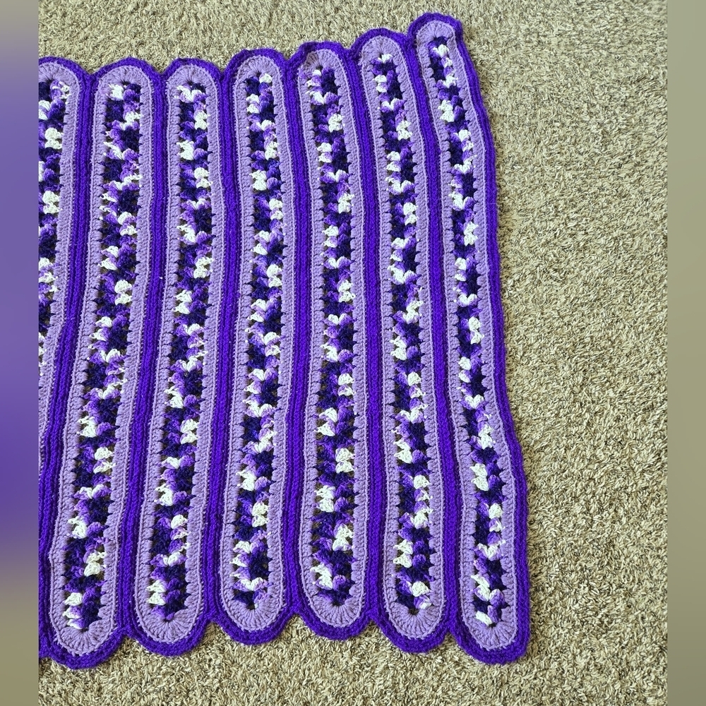 Vintage Handmade Crocheted Baby Blanket Purples-White Unisex 45 X 42 Crib Carry - Picture 9 of 9